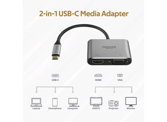 Promate MediaHub-C2  USB-C Display Adapter, Premium 2-In-1 USB-C to 1080 60Hz VGA and 4K 30Hz HDMI Adapter with Dual Screen Display Support
